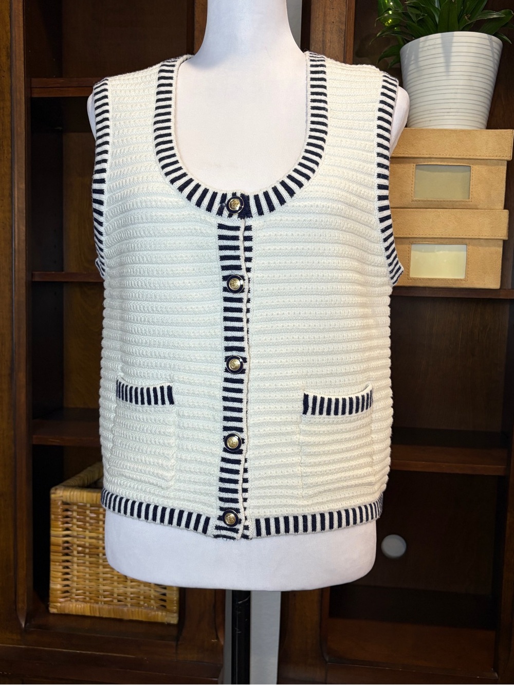 Joie Navy Ivory Textured Knit Sweater Vest Gold Button Coastal Chic | M - Picture 2 of 11